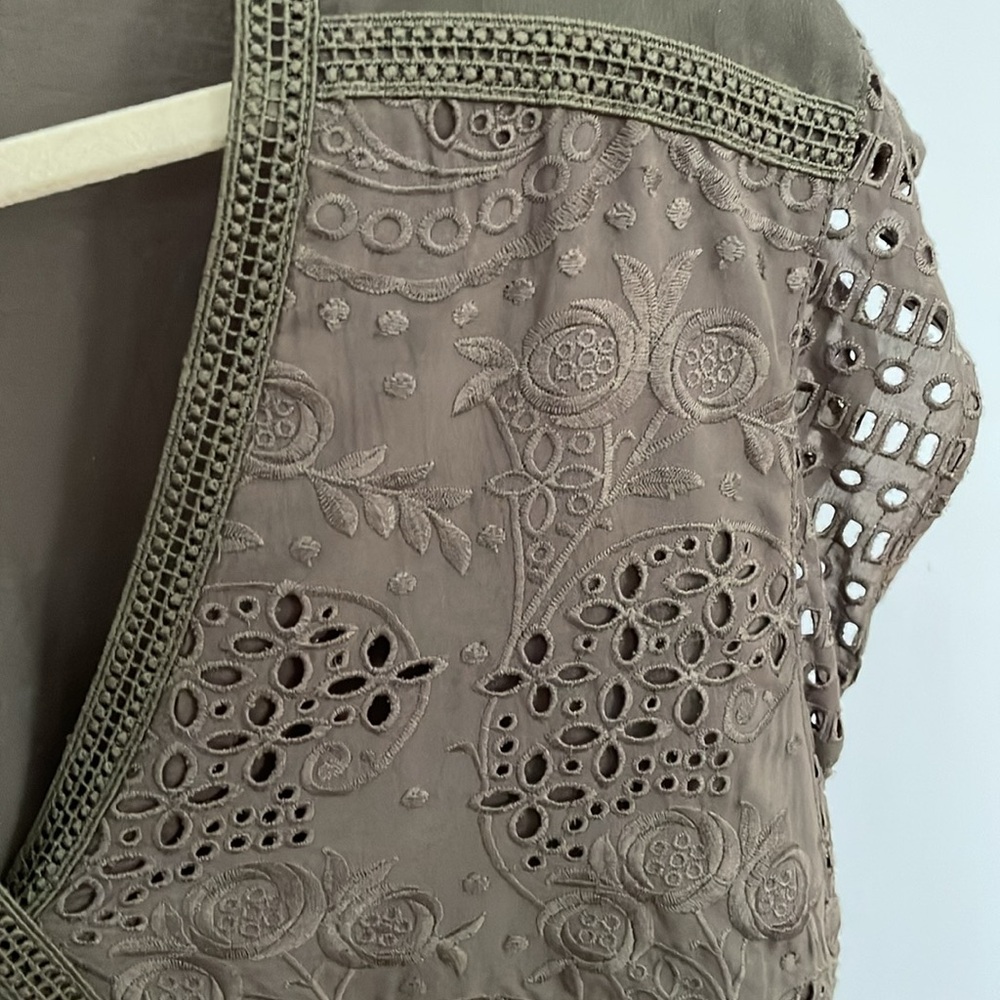 Anthropologie Embroidered Wrap Top Olive Green size SM - Picture 5 of 6